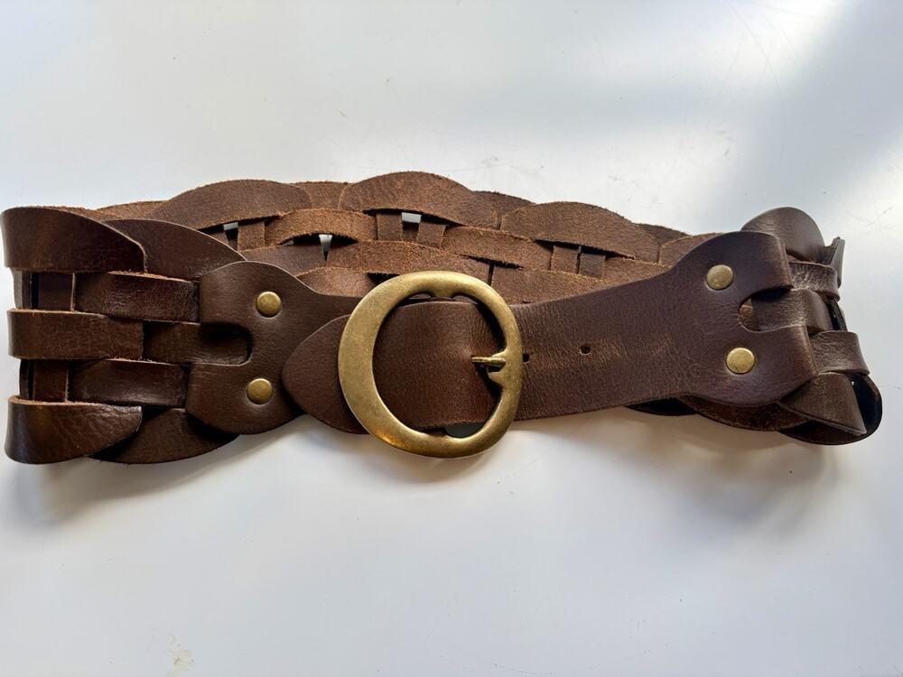 BCBG Maxazria Brown Leather Wide Belt Brass Buckle Small 27-29" Woven Festival